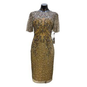 Adrianna Papell Gold Beaded Dress With Sheer Sleeves & Floral Embellishments 4